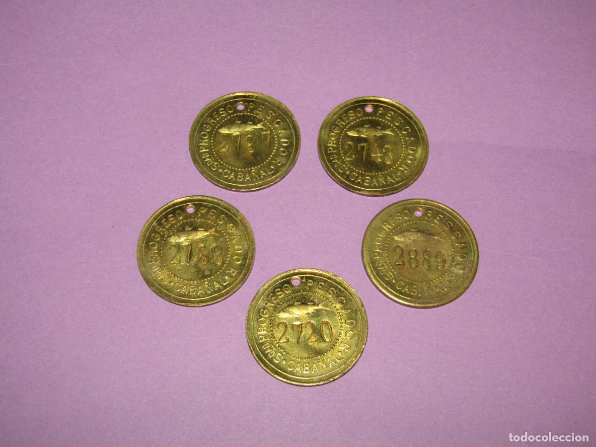 Monedas locales: Antiguas 5 Monedas de 1 Peseta SOCIEDAD EL PROGRESO PESCADOR de EL CABA&Ntilde;AL de Valencia 1902-1924