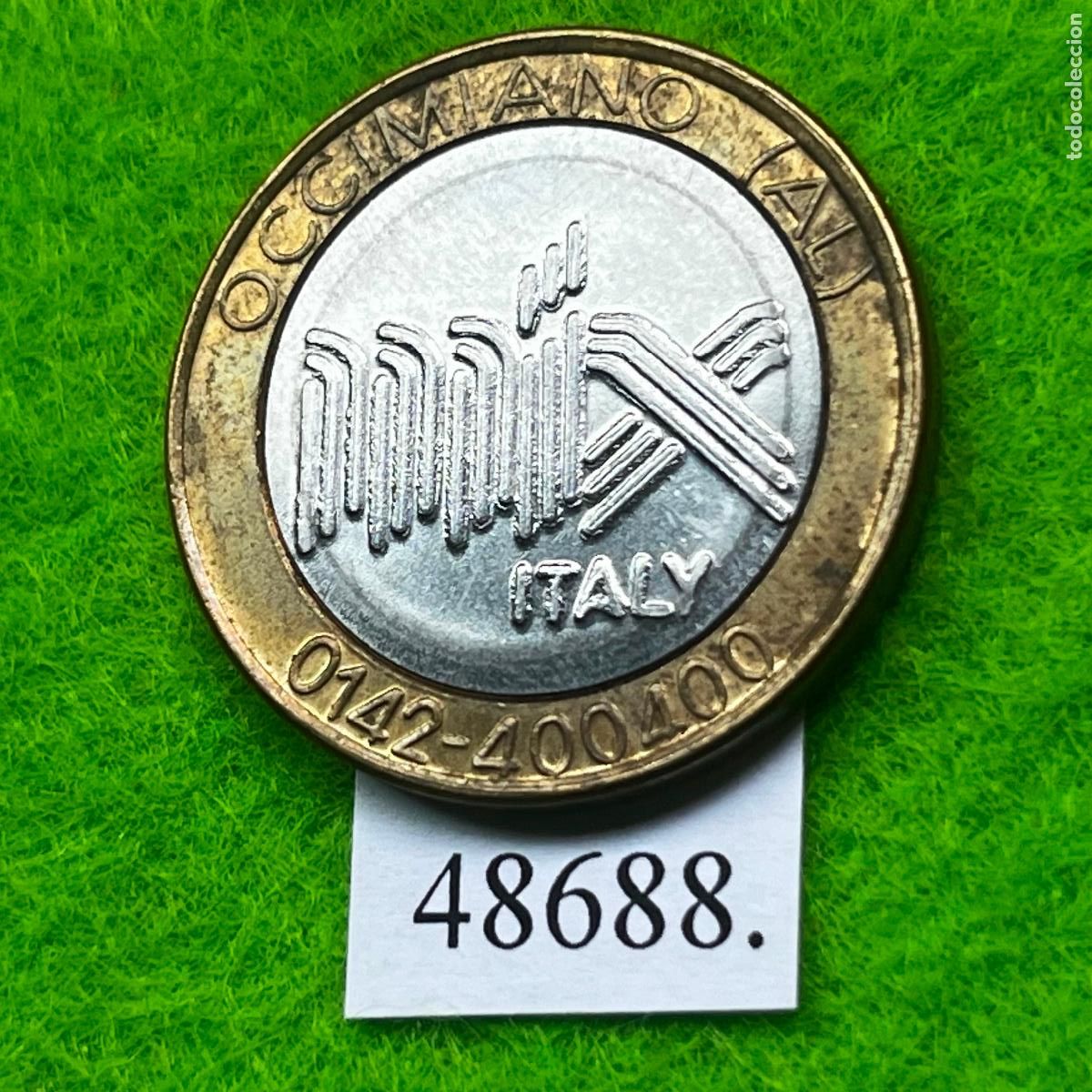 Monedas locales: Ficha Italia, Occimiano, Alessandria, Autolavado, carwash, bimet&aacute;lica, token, jet&oacute;n