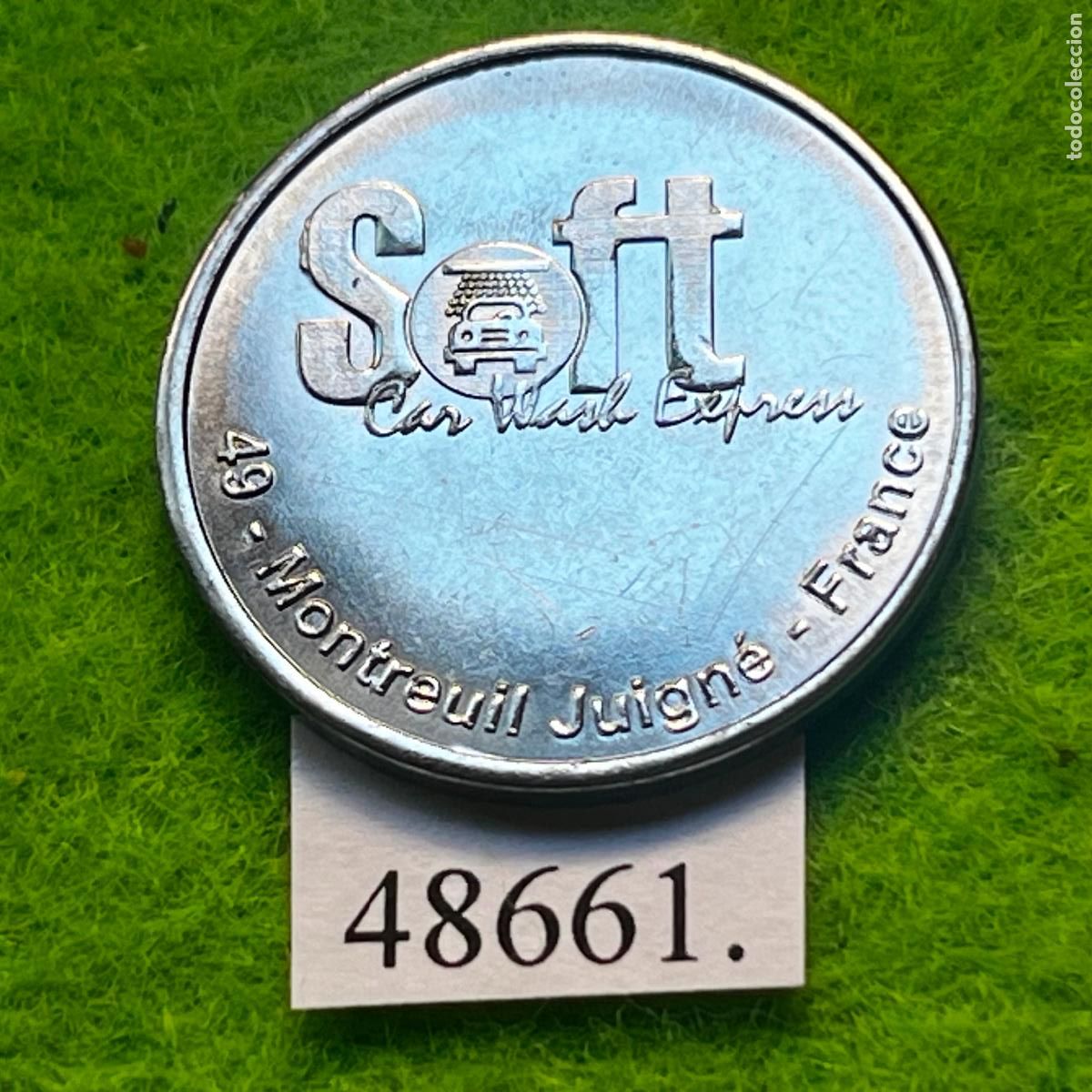 Monedas locales: ficha Francia, Montreuil-Juign&eacute;, departamento de Maine y Loira, Autolavado, carwash, token, jet&oacute;n