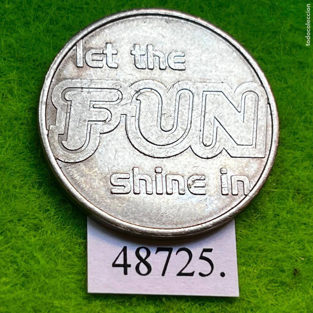 Monedas locales: ficha UK, let the FUN shine in, juegos recreativos, Inglaterra, token, jet&oacute;n