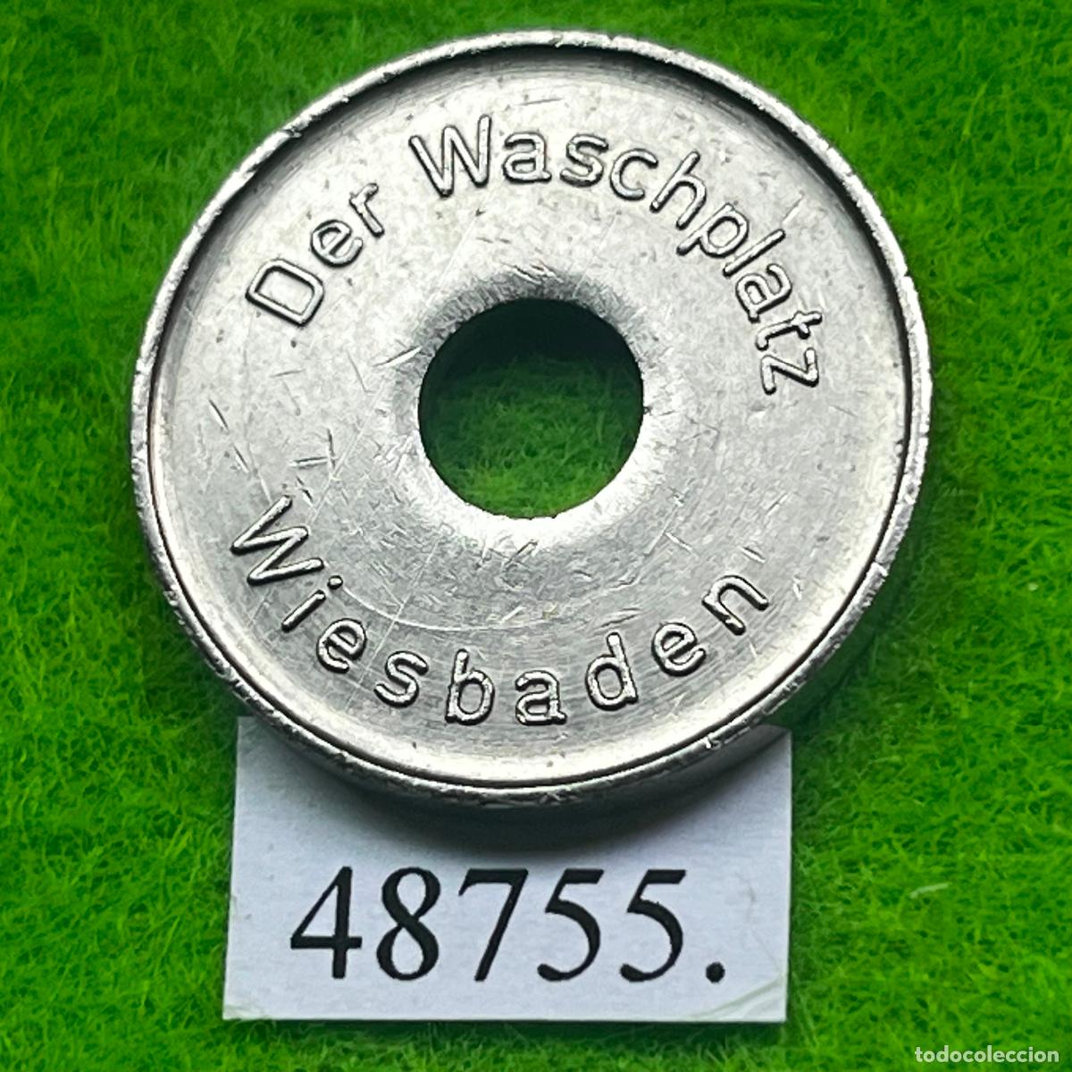 Monedas locales: Ficha Alemania, Wiesbaden, Der Waschplatz, Autolavado, carwash, token, jet&oacute;n