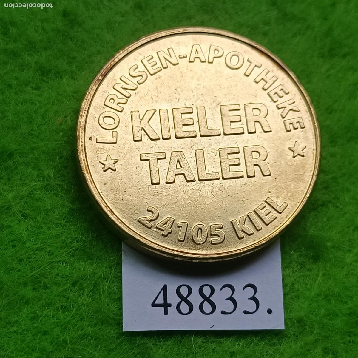 Monedas locales: Ficha Alemania, Kiel, Lornsen, kieler taler, apotheke, farmacia, token, jet&oacute;n