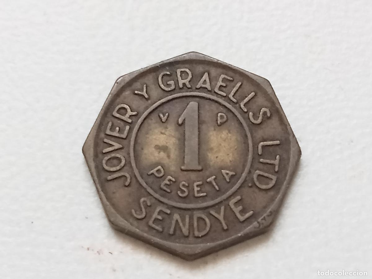 Monedas locales: Token Ficha Moneda 1 Peseta Jover y Graells Sendye Ltd. Lat&oacute;n. Muy Escasa (1&ordf; mitad S.XX)