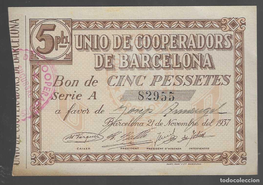 Monedas locales: BARCELONA,-5 PTAS.-UNIO DE COOPERADORS DE BARCELONA, 21 NOVIEMBRE 1937,, VER FOTOS