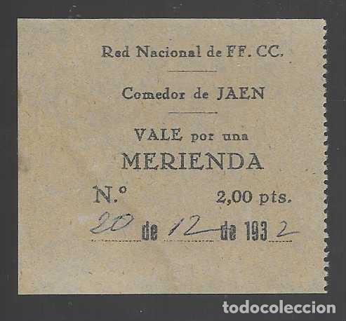 Monedas locales: JAEN- RED NACIONAL FF.CC. COMEDOR DE JAEN,2 PTAS.- VALE POR UNA MERIENDA-A&Ntilde;O 1932-VER FOTOS