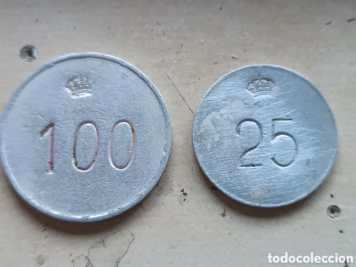Monedas locales: Fichas escudo borb&oacute;nico 25 y 100 pesetas