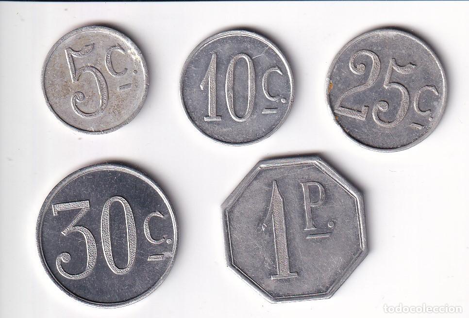 Moedas locais: SERIE COMPLETA DE 5 FICHAS DE ALTOS HORNOS DE CATALU&Ntilde;A - ECONOMAT DE HOSPITALET DE LLOBREGAT(MONEDA)
