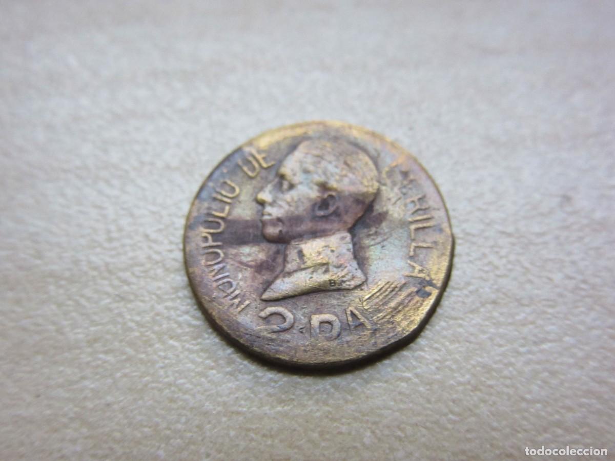 Monete locali: Placa de Monopolio de Cerillas (en mecheros ) 2 Pesetas Busto de Alfonso XIII Principio S XX 1,1 cm
