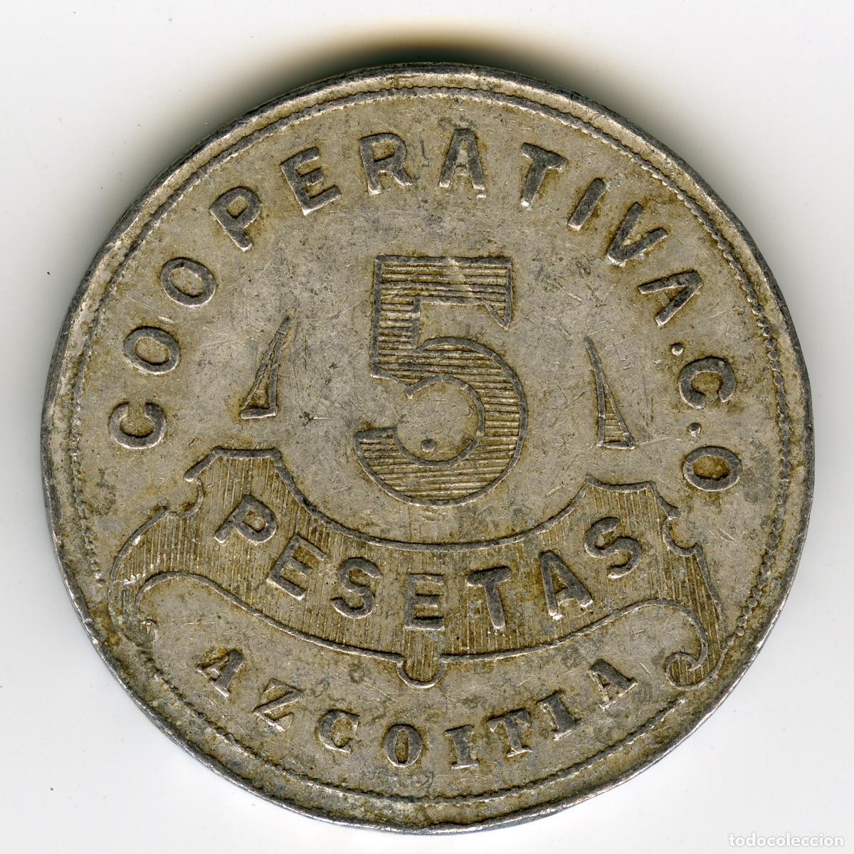 Monedas locales: FICHA COOPERATIVA &middot; 5 PESETAS &middot; COOPERATIVA C.O &middot; AZCOITIA (GUIP&Uacute;ZCOA) &middot; PAIS VASCO &middot; EUSKADI #C1695