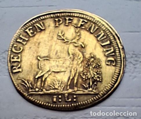 Monedas locales: Rechenpfennig alem&aacute;n de N&uacute;remberg Minerva y ciervo, siglo XIX