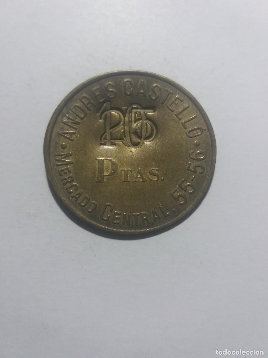 Monedas locales: Ficha Cooperativa 25 Ptas. sobrecarcado con 10 ANDRES CASTELL&Oacute; Mer.Central 55-56 Barcelona