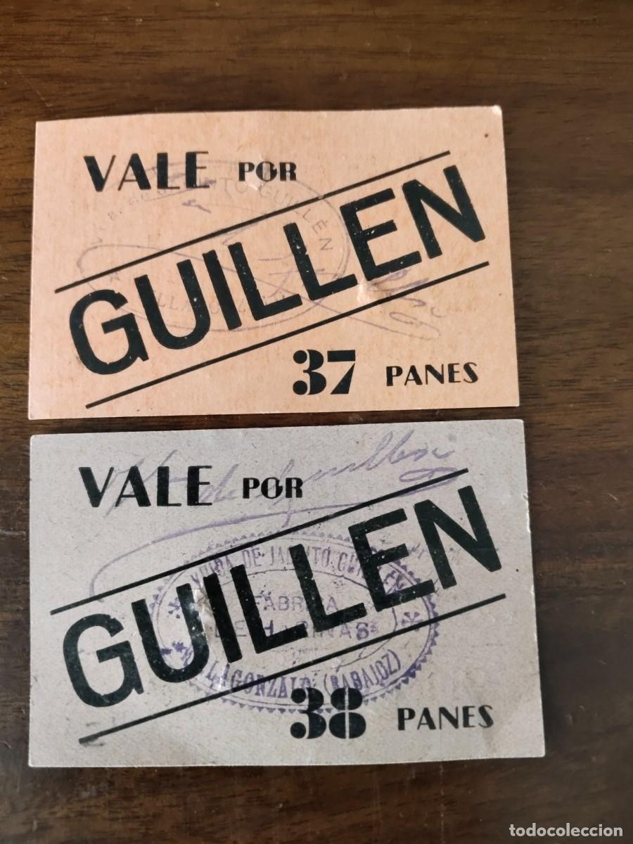 Monedas locales: 2 vales de pan de Guill&eacute;n, Villagonzalo y Guare&ntilde;a, Badajoz. 37 y 38 panes.