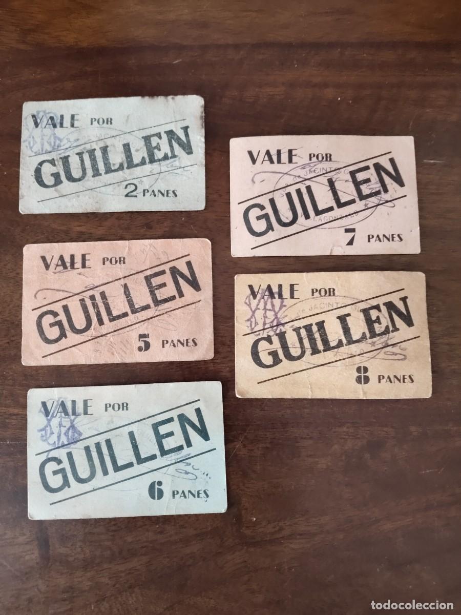 Monedas locales: Guill&eacute;n, Villagonzalo y Guare&ntilde;a, Badajoz. Vales de 2, 5, 6, 7 y 8 panes. Lote.