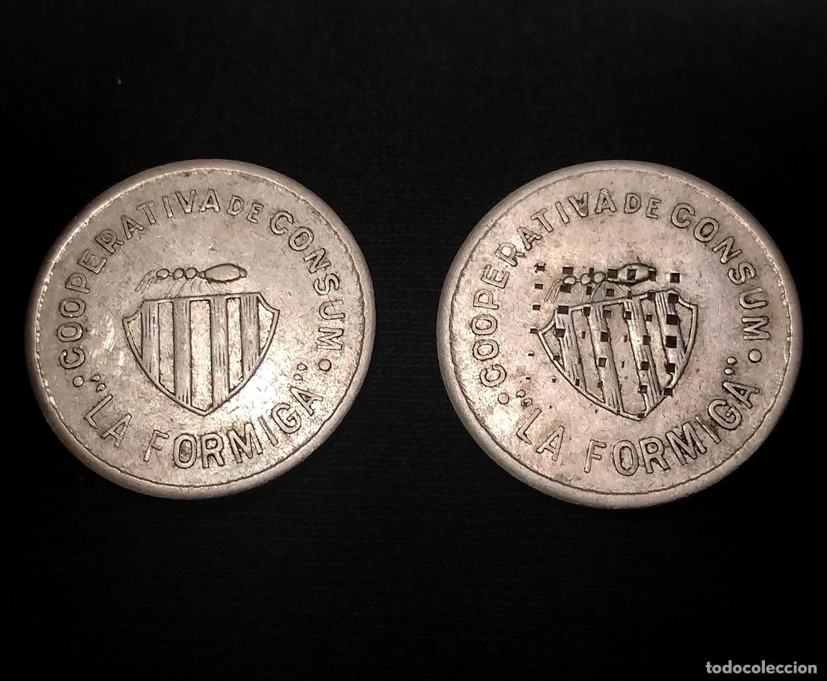 Monedas locales: Guerra civil. Cooperativa de consum 5 pesetas La Formiga + Var. repicada