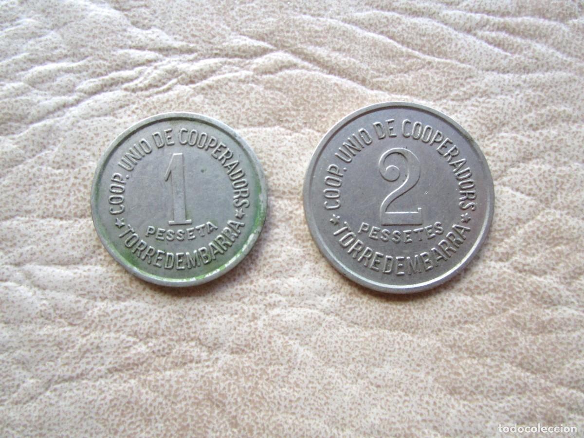 Monedas locales: lote 2 monedas fichas cooperativa unio de cooperadors de torredembarra 1 y 2 pessetes