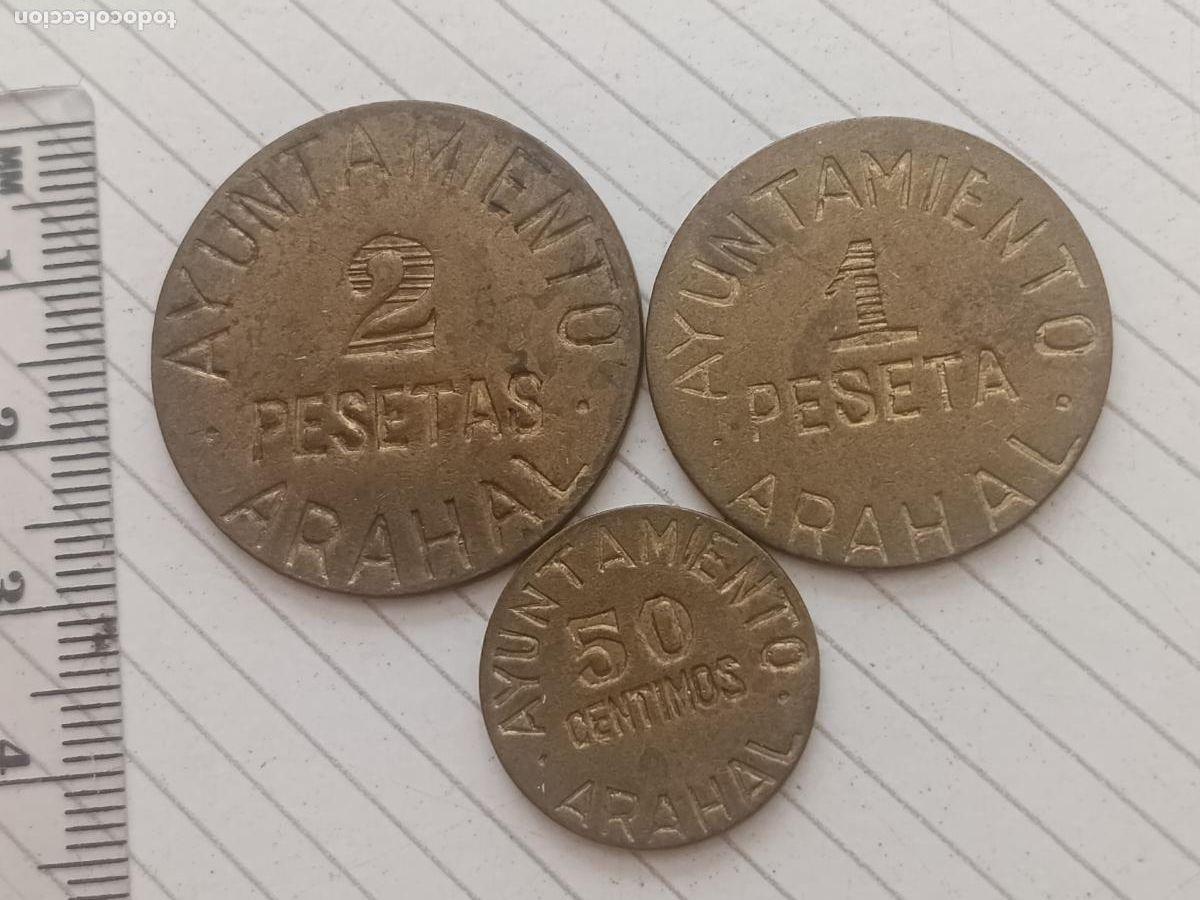 Monedas locales: SERIE 3 MONEDAS, AYUNTAMIENTO ARAHAL , 25 CENTIMOS 1 PESETA Y 2 PESETAS. GUERRA CIVIL