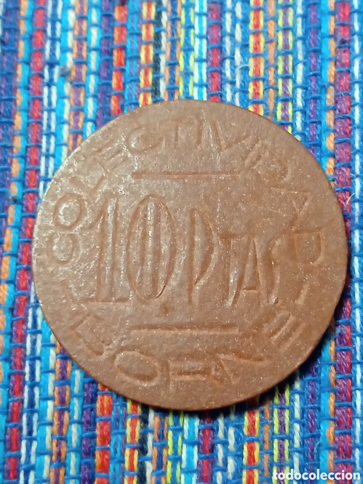 Monedas locales: 10 pesetas. Guerra civil. SINDICATO INDUSTRIAS ALIMENTICIAS CNT-AIT COLECTIVIDAD. BORNE BARCELONA.
