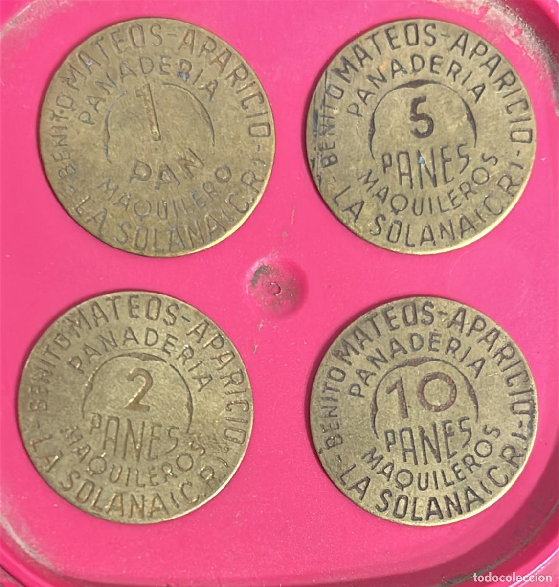 Monedas locales: FICHAS DE LATON 4 UDS. DE 1,2,5 y 10 PANES MAQUILEROS PANADERIA BENITO MATEOS APARICIO LA SOLANA