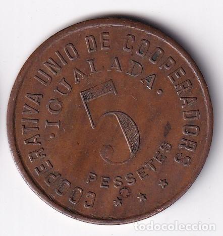 Moedas locais: FICHA DE 5 PESETAS DE LA COOPERATIVA UNIO DE COOPERADORS DE IGUALADA DEL A&Ntilde;O 1937