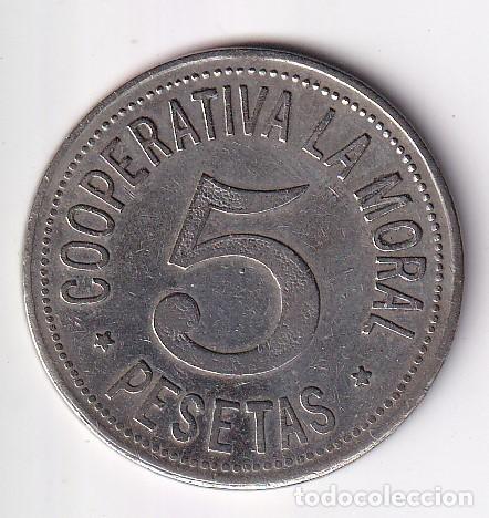 Moedas locais: FICHA DE 5 PESETAS DE LA COOPERATIVA LA MORAL DE BADALONA