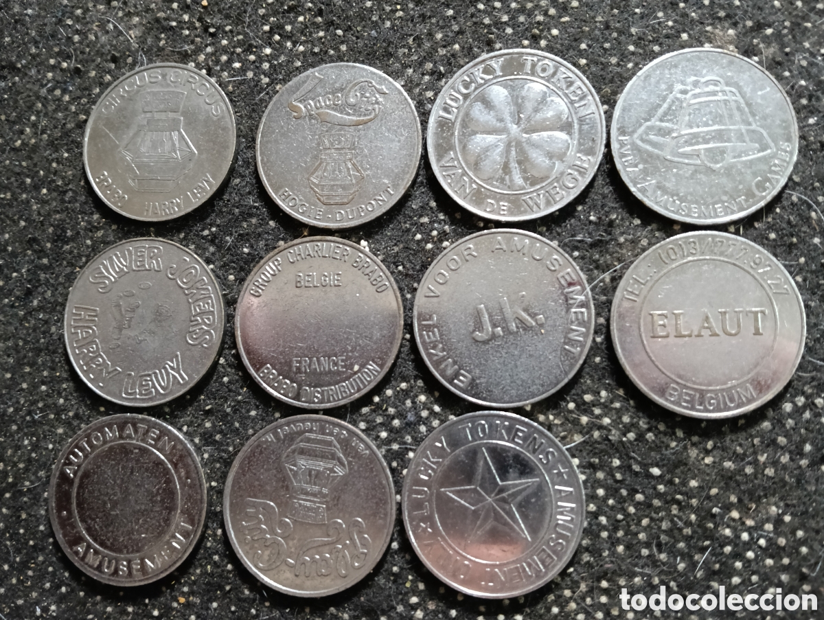 Monete locali: Lote de 11 tokens o Jetons de Estados Unidos, B&eacute;lgica, Francia, etc. Todos diferentes y usados.