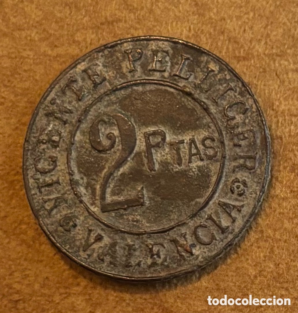 Monedas locales: Ficha monetaria. Vicente Pellicer. 2 ptas. Abastos Valencia