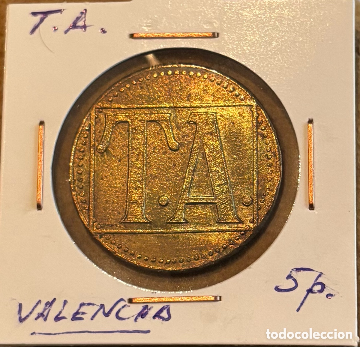 Monedas locales: Ficha monetaria. T. A. 5 ptas. Abastos Valencia