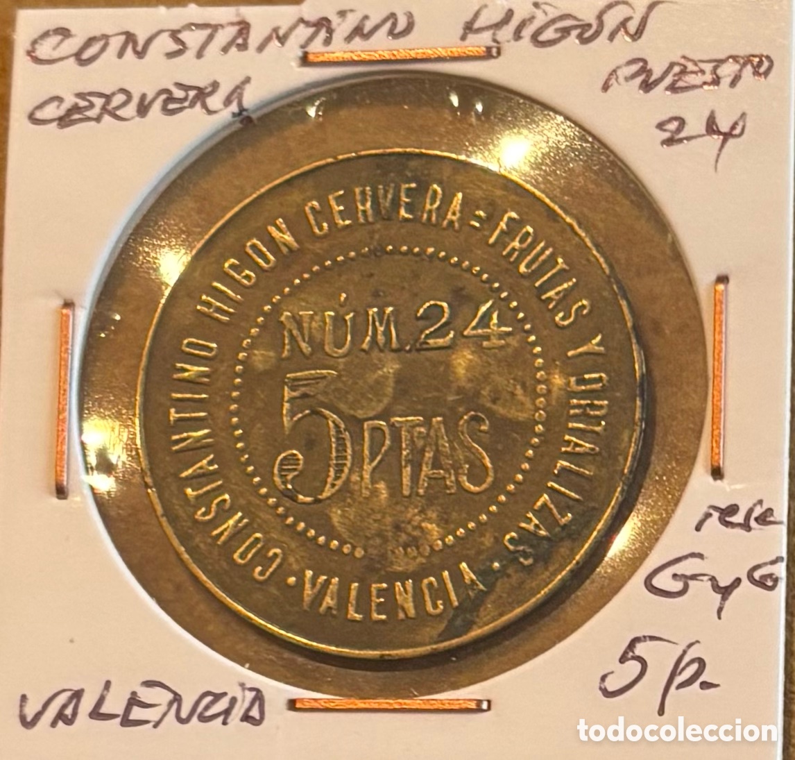 Monedas locales: Ficha monetaria. Constantino Hig&oacute;n. 5 ptas. Abastos Valencia