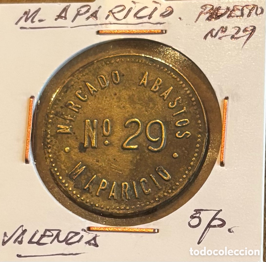 Monedas locales: Ficha monetaria. M. Aparicio. 5 ptas. Abastos Valencia