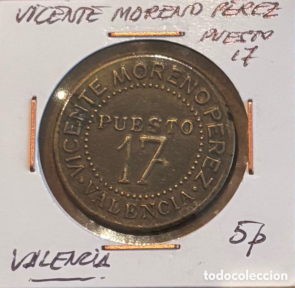 Monedas locales: Ficha monetaria. Vicente Moreno P&eacute;rez. 5 ptas. Abastos Valencia
