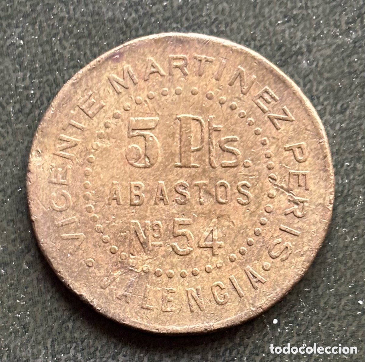 Monedas locales: Ficha monetaria. Vicente Mart&iacute;nez Peris. 5 ptas. Abastos Valencia