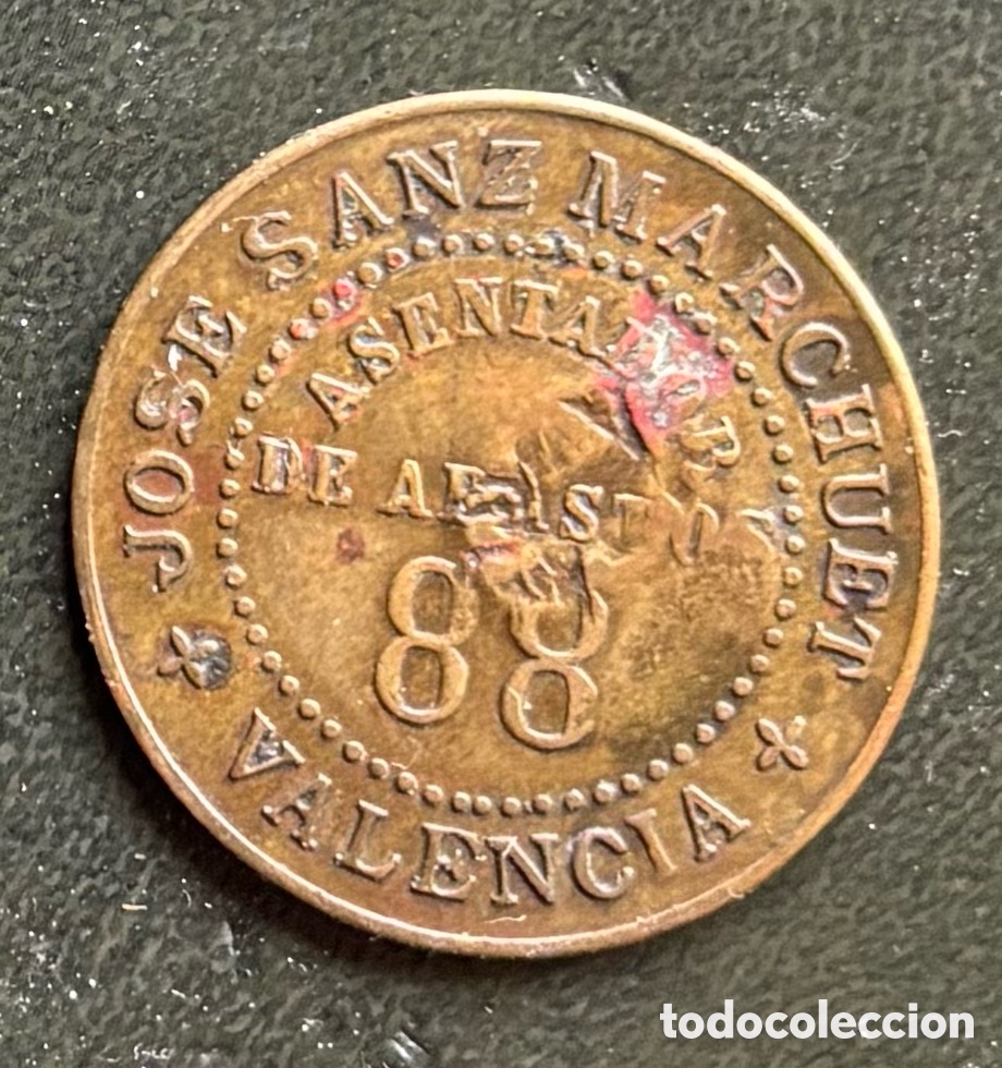 Monedas locales: Ficha monetaria. Jos&eacute; Sanz Marchuet. 5 ptas con resello de 10. Abastos Valencia. Dif&iacute;cil
