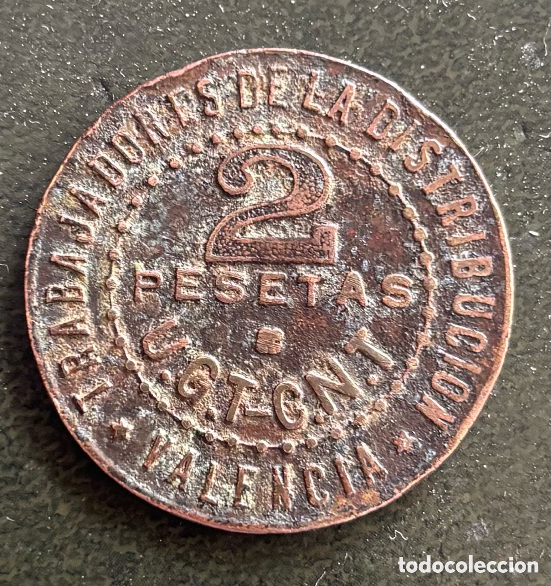 Monedas locales: Ficha monetaria.Trabajadores de la distribuci&oacute;n. UGT-CNT. 2ptas. Valencia