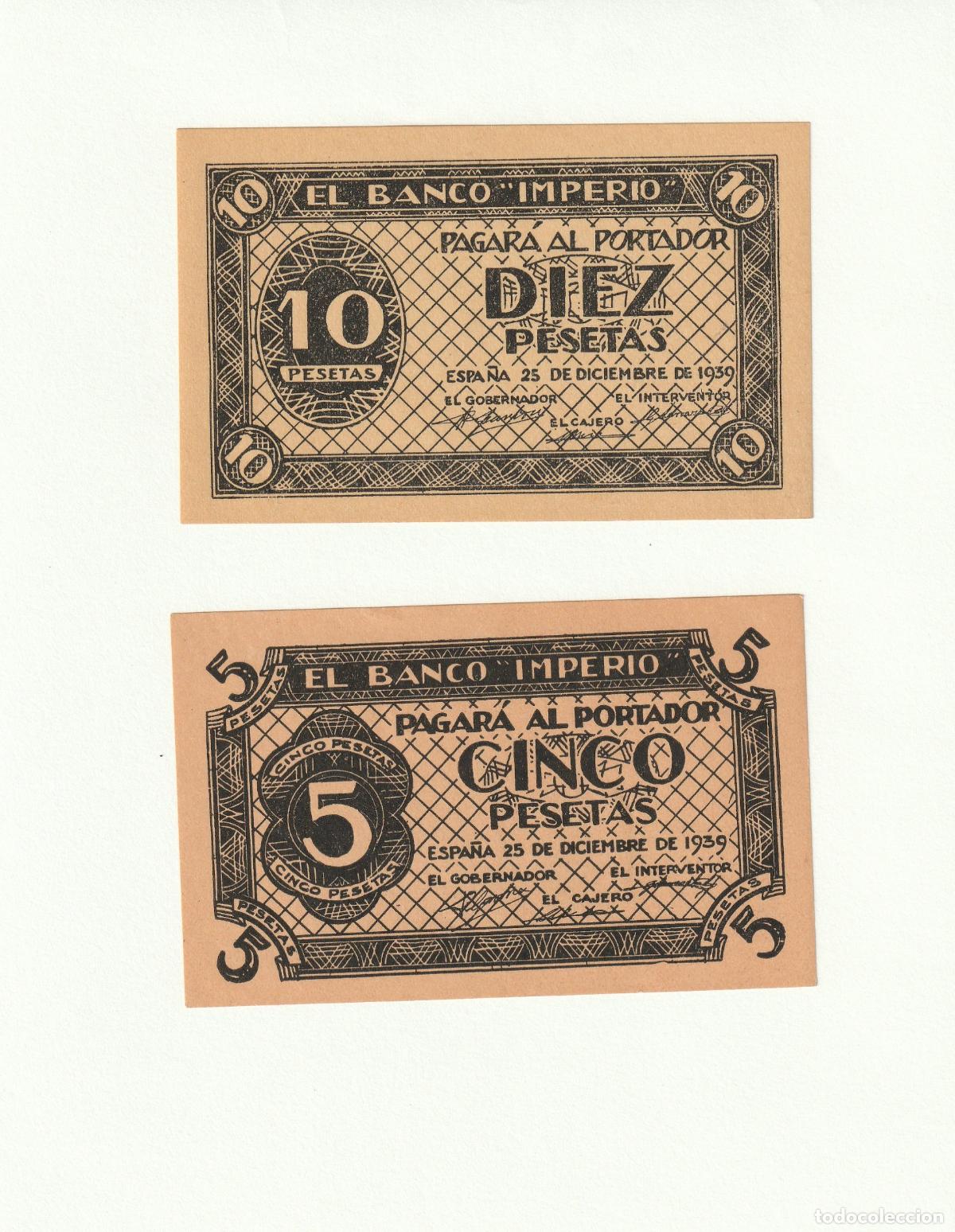 Monedas locales: 2 BILLETES EL BANCO IMPERIO 5 Y 10 PESETAS ESPA&Ntilde;A 25 DICIEMBRE 1939 SC PLANCHA VER FOTOGRAFIAS