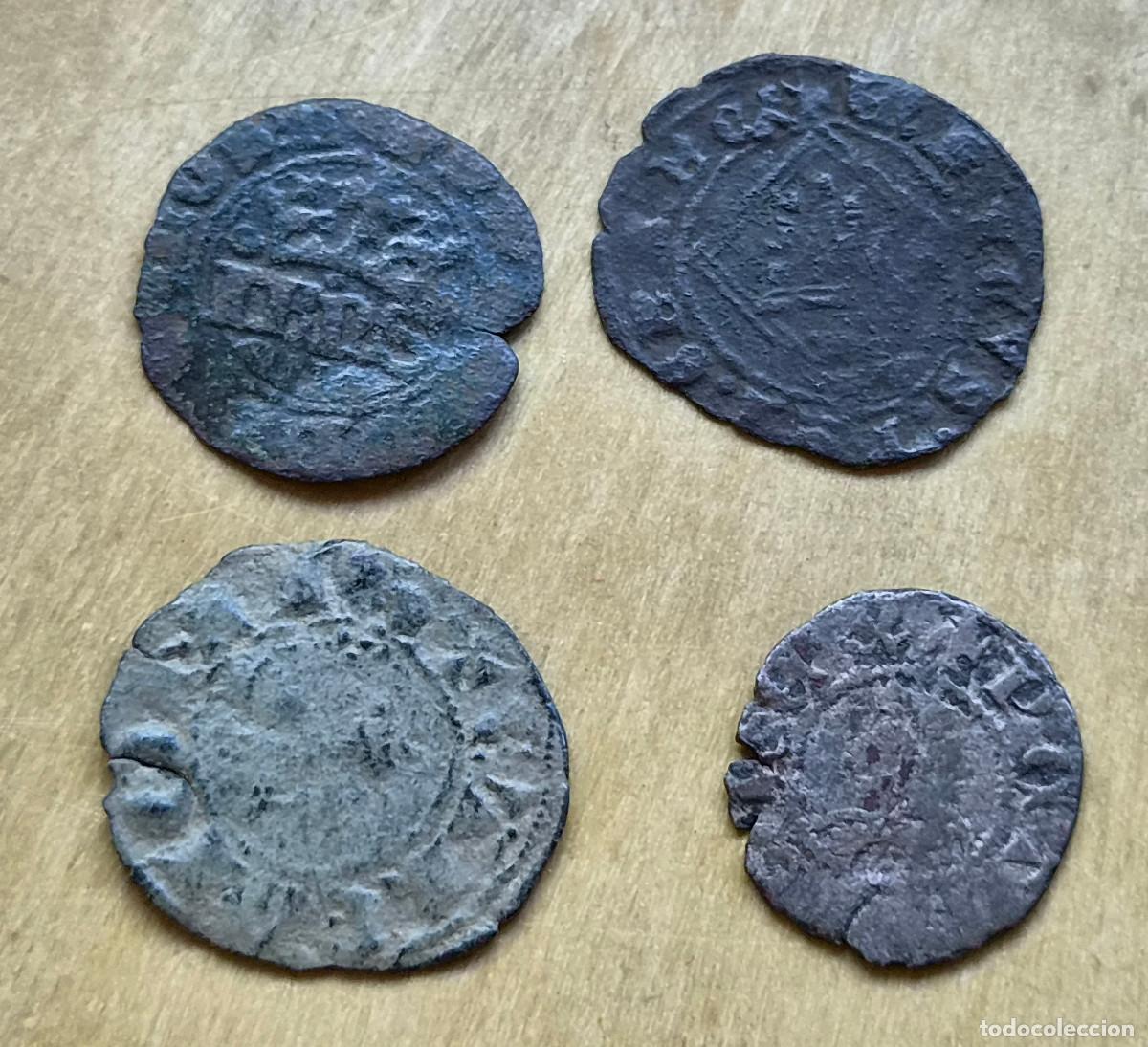 Monedas medievales: Lote 4 monedas medievales a clasificar. Una de ellas portuguesa