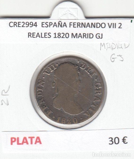 Mittelalterliche M&uuml;nzen: CRE2994 MONEDA ESPA&Ntilde;A FERNANDO VII 2 REALES 1820 MARID GJ PLATA