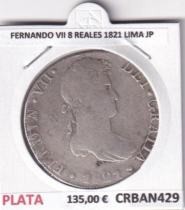 Mittelalterliche M&uuml;nzen: CRBAN429 MONEDA ESPA&Ntilde;A FERNANDO VII 8 REALES 1821 LIMA JP PLATA