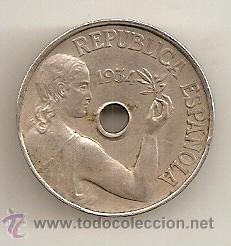 Monedas Rep&uacute;blica: 25 c&eacute;ntimos de 1934 EBC - Foto 1