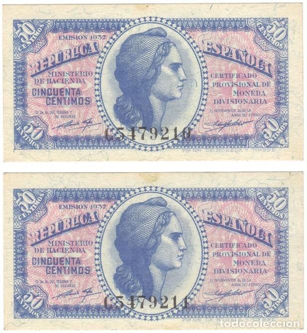 Moedas Rep&uacute;blica: ESPA&Ntilde;A, REP&Uacute;BLICA PAREJA DE BILLETES CORRELATIVOS DE 50 C&Eacute;NTIMOS SERIE C 1937, RAROS.