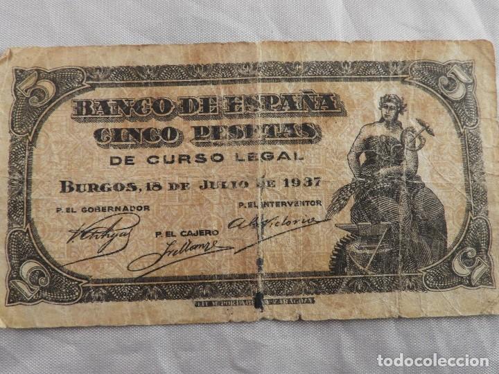 Monedas República: BILLETE CINCO PESETAS BURGOS 18 JULIO 1937 SERIE A - Foto 2 - 118968539