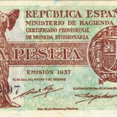 Moedas República: BILLETE DE LA REPUBLICA MINISTERIOS HACIENDA (MADRID) 1 PESETA, EMISION 1937, SIN CIRCULAR, SERIE B. Lote 132910818
