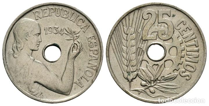 Monedas Rep&uacute;blica: 25 c&eacute;ntimos. 1934. Madrid. - Foto 1