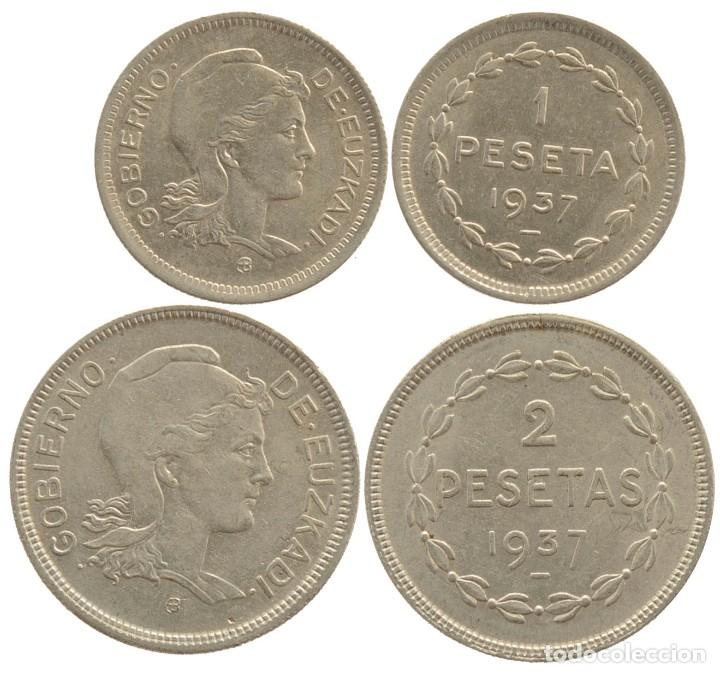Monedas Rep&uacute;blica: 1 Y 2 PESETAS 1937 EUZKADI - Foto 1