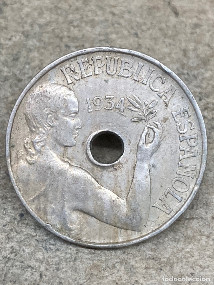 Monedas Rep&uacute;blica: Moneda de veinticinco c&eacute;ntimos 1934 - Foto 2