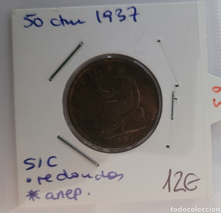 Monedas Rep&uacute;blica: Moneda de Espa&ntilde;a 1937 50 c&eacute;ntimos - Foto 1