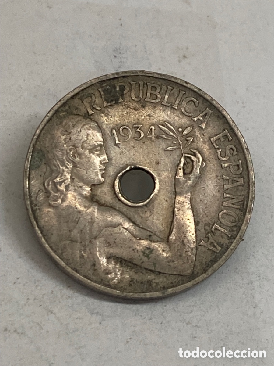 Monedas Rep&uacute;blica: Moneda de 25 c&eacute;ntimos 1934 - Foto 2
