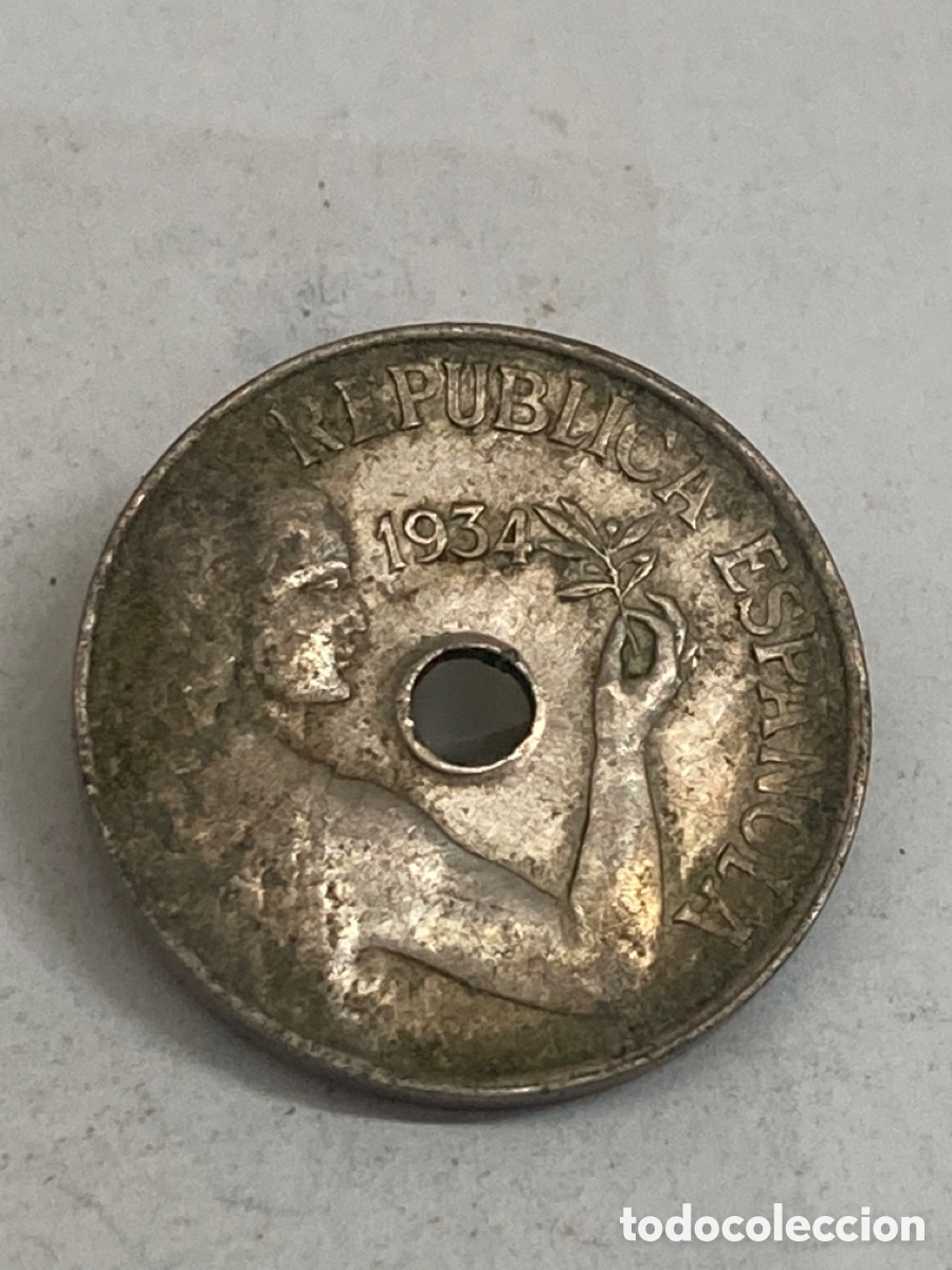 Monedas Rep&uacute;blica: Moneda de 25 c&eacute;ntimos 1934 - Foto 1