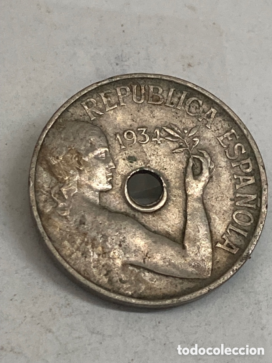 Monedas Rep&uacute;blica: Moneda de 25 c&eacute;ntimos 1934 - Foto 2