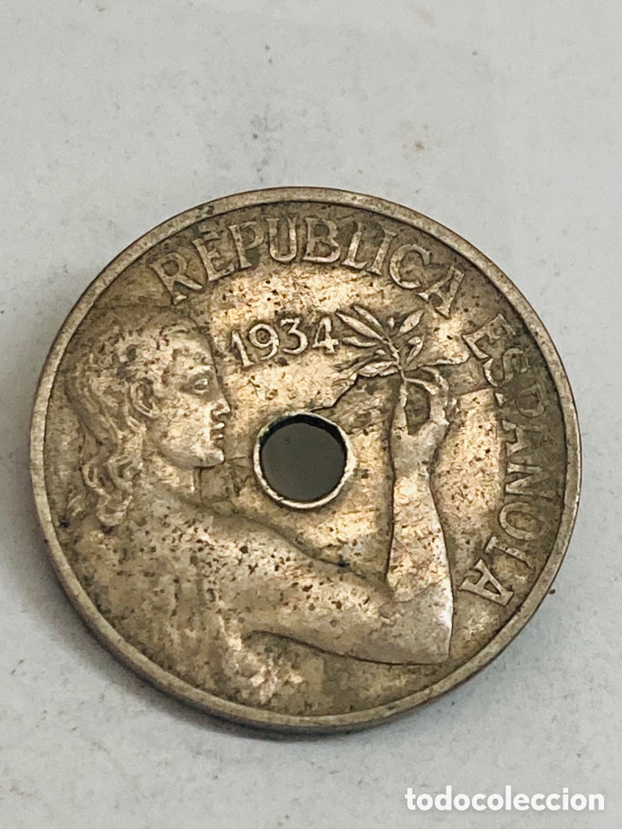 Monedas Rep&uacute;blica: Moneda de 25 c&eacute;ntimos 1934 - Foto 2