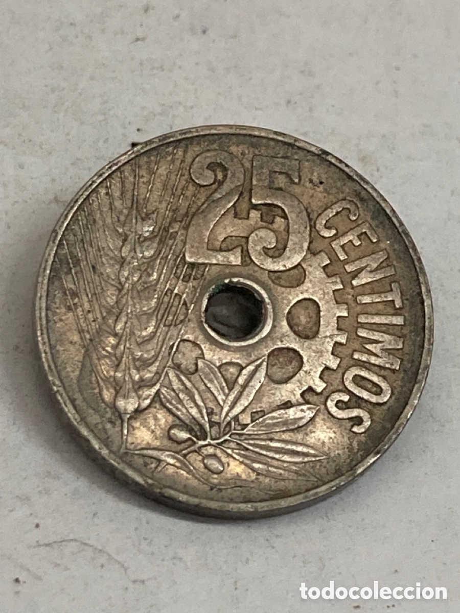 Monedas Rep&uacute;blica: Moneda de 25 c&eacute;ntimos 1934 - Foto 2